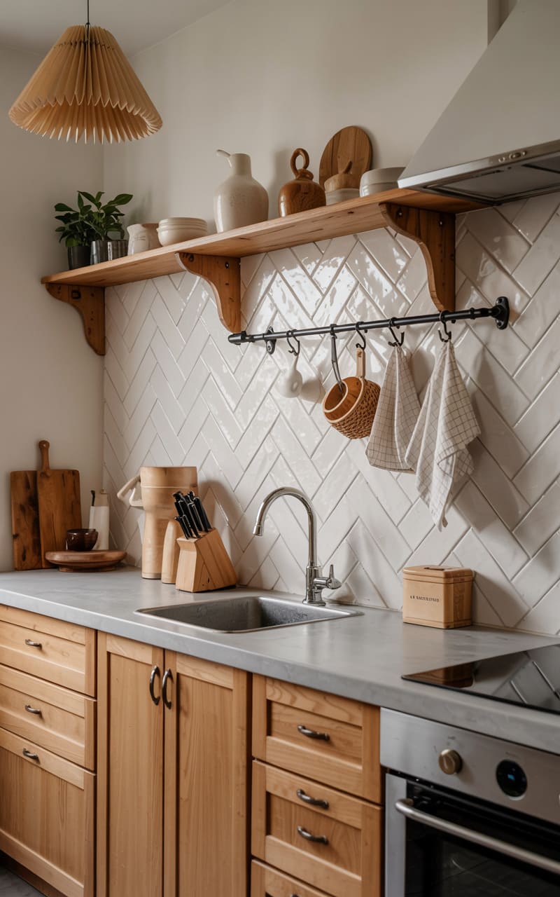 Kitchen with a Fishbone Tile Backsplash and Textured Checkered Dish Towels