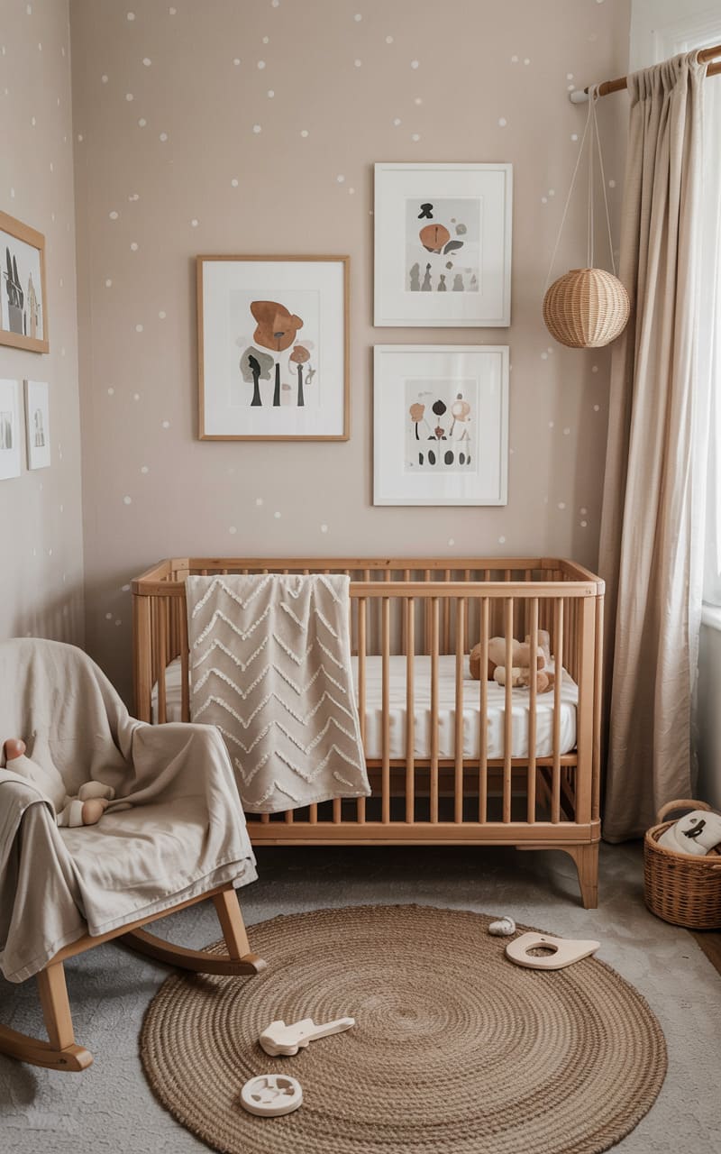 Nursery with a Delicate Polka Dot Wallpaper and Chevron Knit Blanket