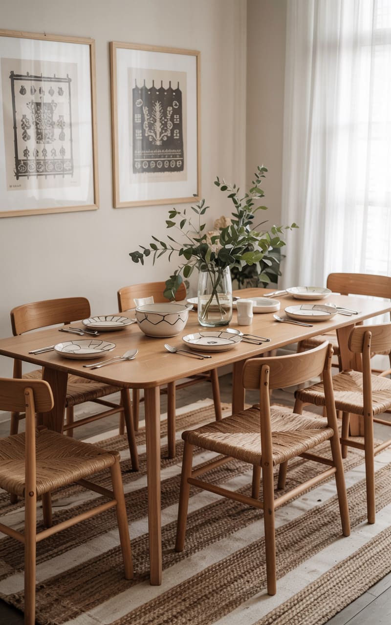 Dining Room with a Striped Jute Rug and Hand-Painted Ceramics