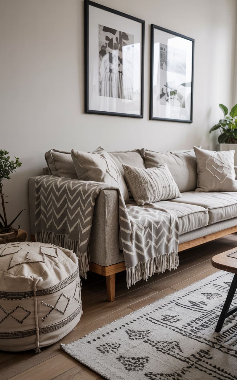Living Room with a Diamond-Patterned Wool Pouf and Zigzag Throw Blanket