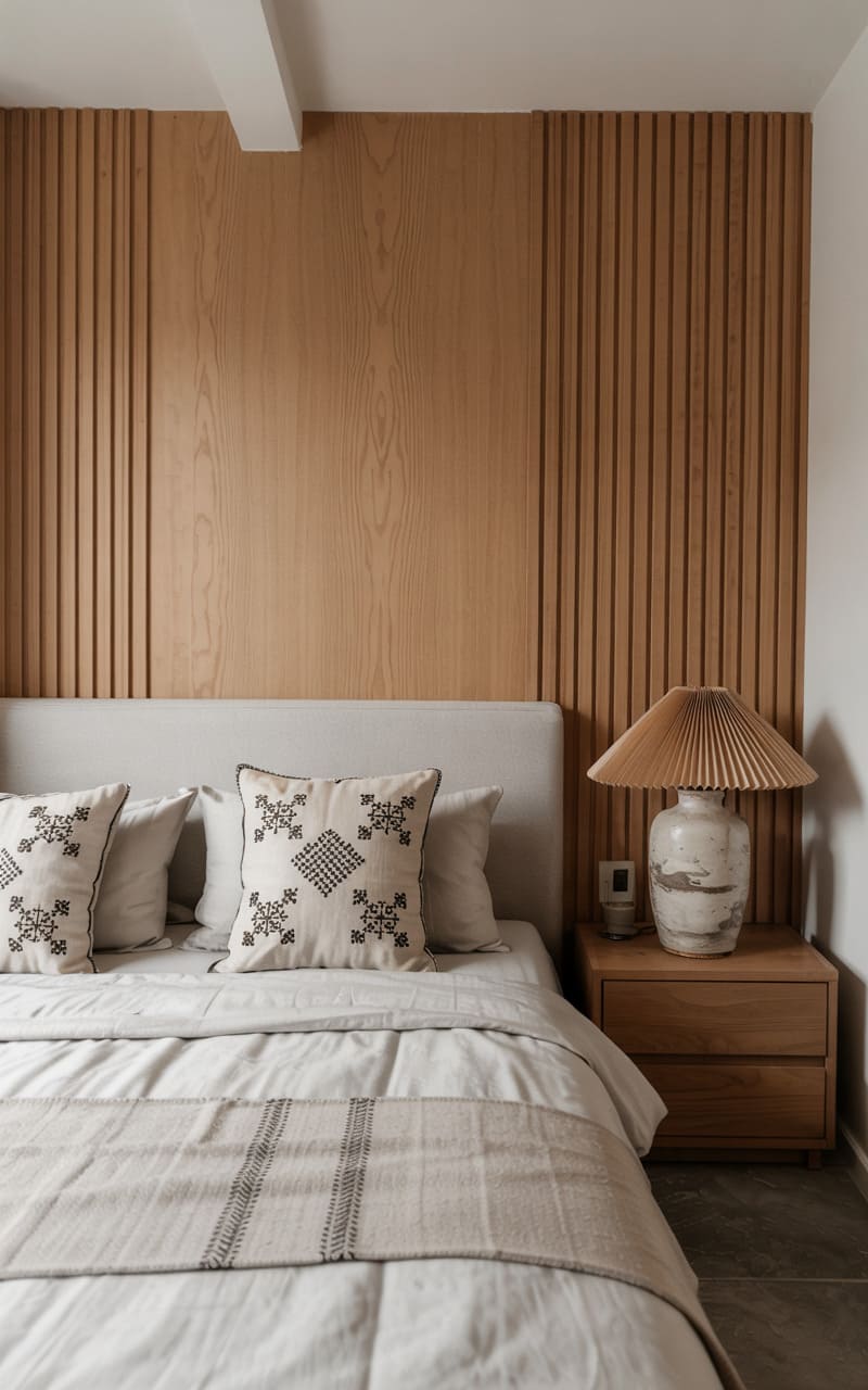 Bedroom with Vertical Paneling and Cross-Stitched Cushion Covers