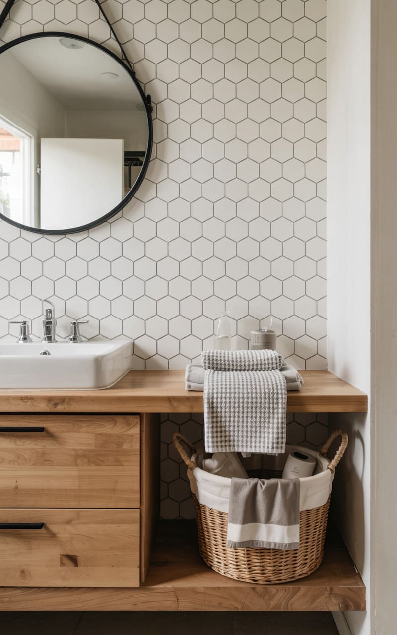Bathroom with a Honeycomb Tile Wall and Houndstooth Hand Towels