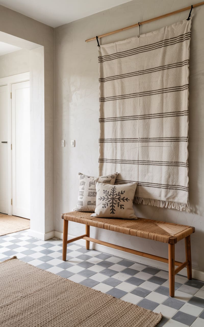 Entryway with a Checkerboard Floor and Handwoven Wall Hanging