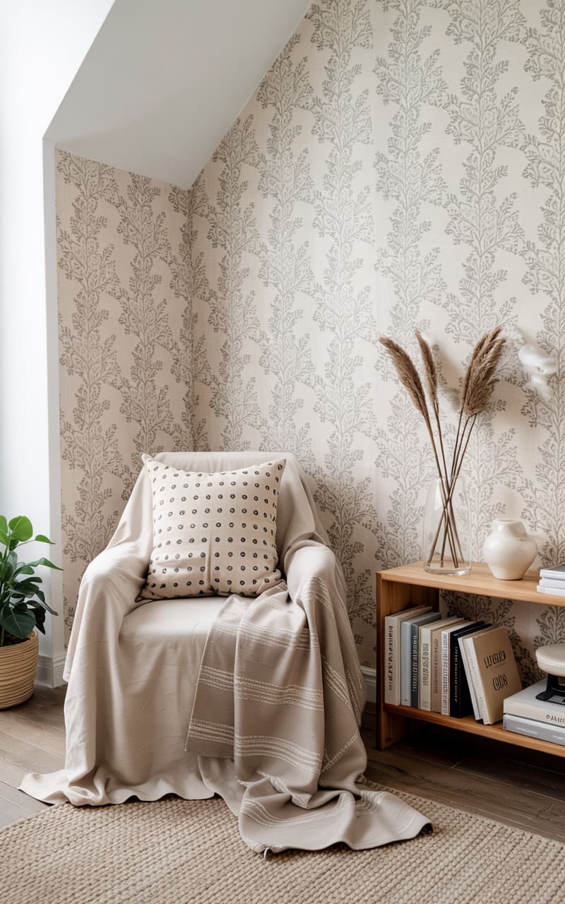 Reading Nook with a Subtly Patterned Wallpaper and Geometric Cushion Covers