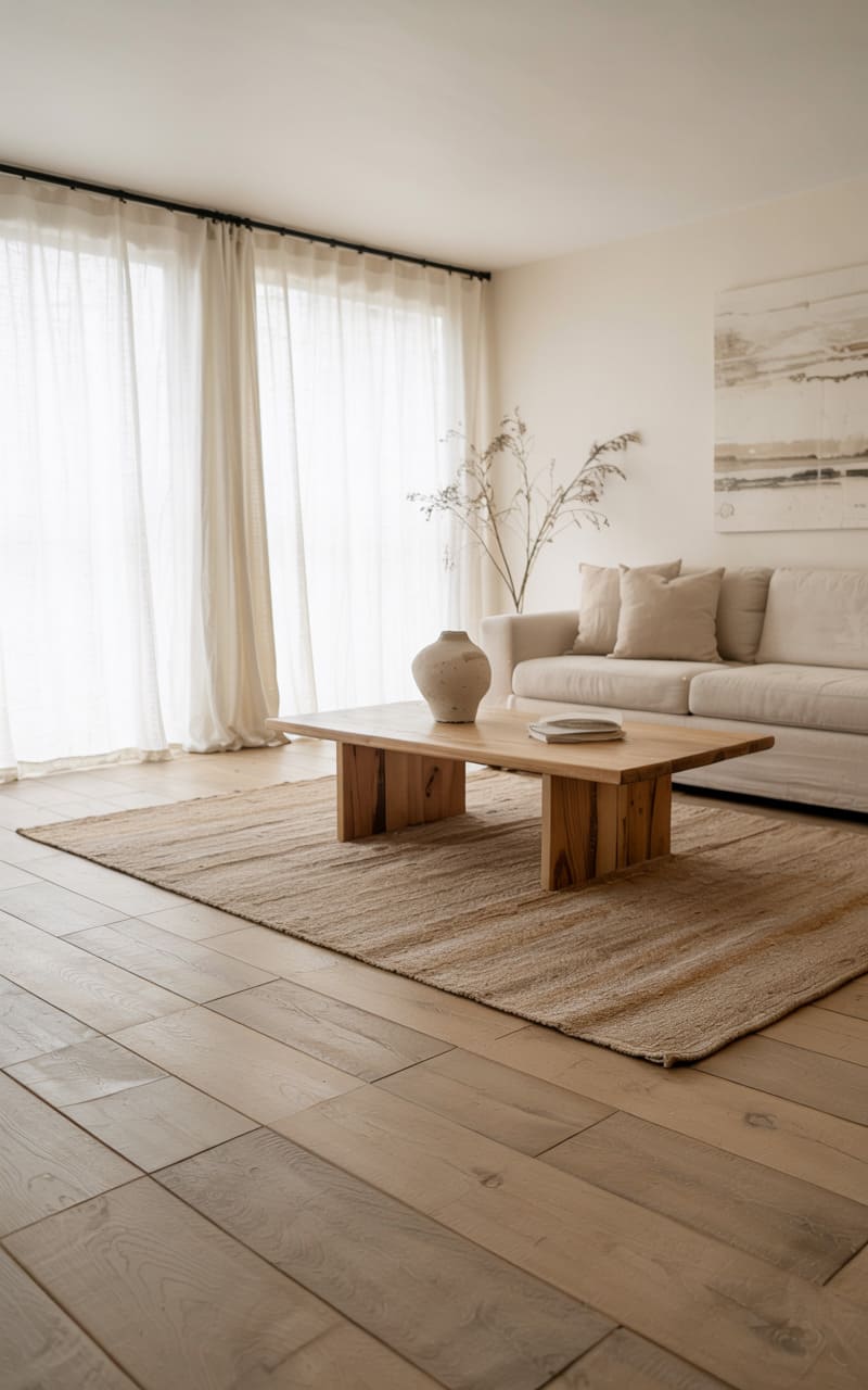 Living Room with Wide-Plank Light Oak Flooring and a Layered Wool Rug