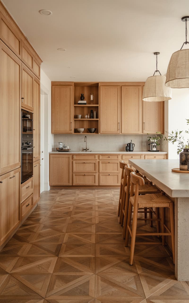 Kitchen with Chevron Parquet Oak Flooring and Matte Black Accents