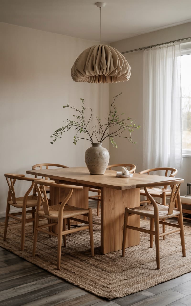 Dining Room with a Distressed Wood Floor and a Woven Jute Rug