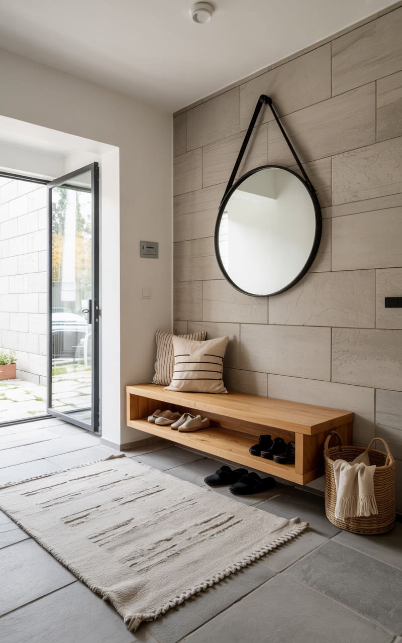 Entryway with Large-Format Stone Tiles and a Wool Runner