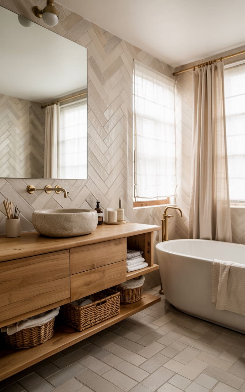 Bathroom with Heated Herringbone Tile Flooring and Wooden Accents