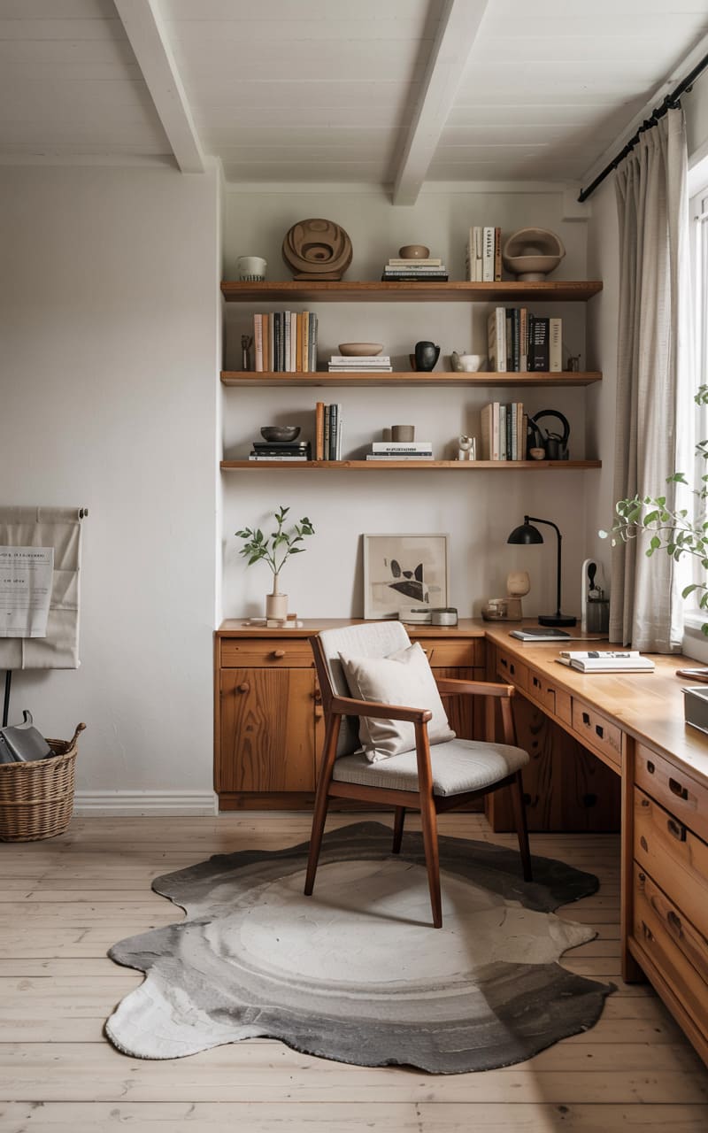 Home Office with a Pale Pinewood Floor and a Layered Wool Rug