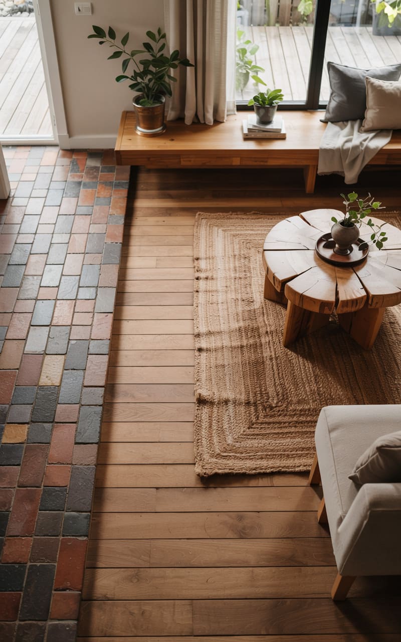 Living Room with a Mix of Terracotta Tile and Wood Flooring