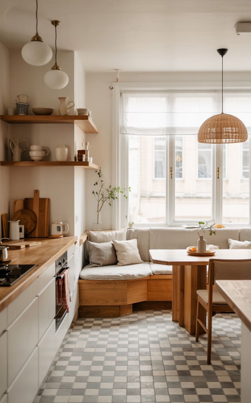 Kitchen with a Checkerboard Tile Floor and a Wooden Breakfast Nook