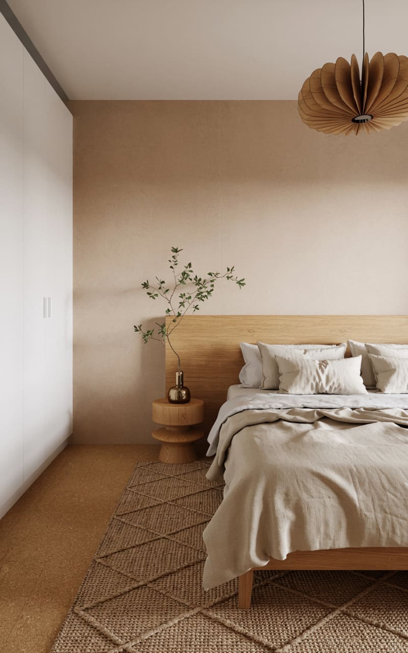 Bedroom with Soft Cork Flooring and a Woven Wool Rug