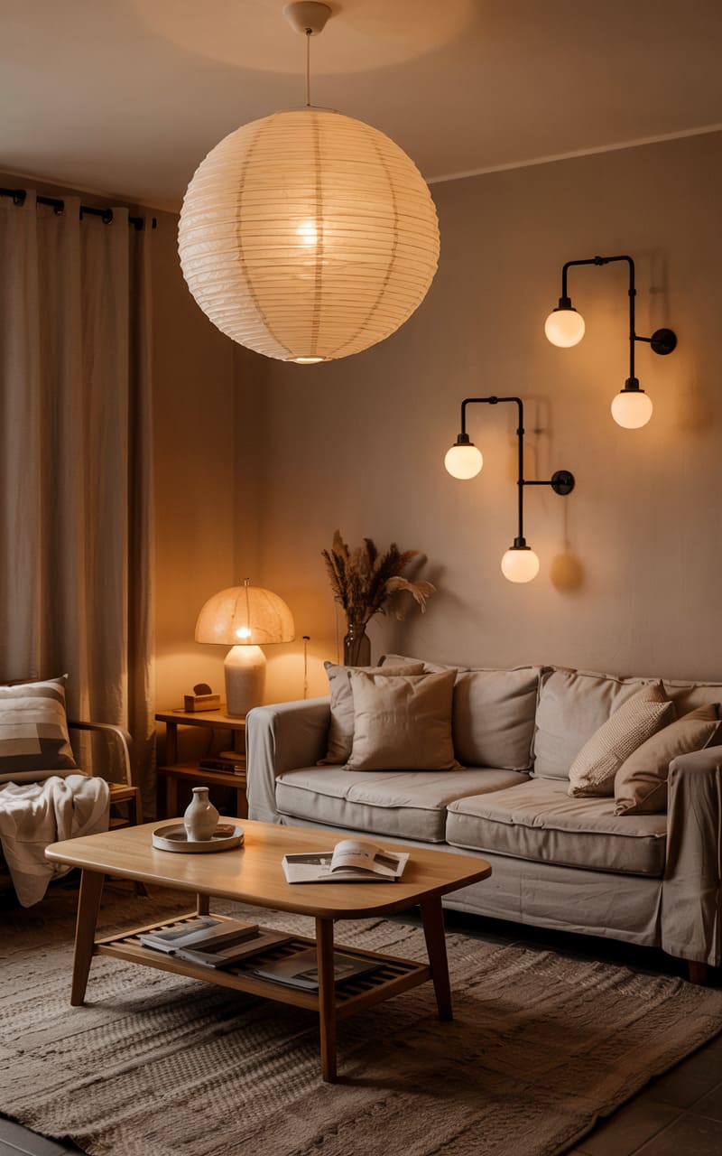 Living Room with a Large Paper Lantern Pendant Light and Soft Ambient Wall Sconces