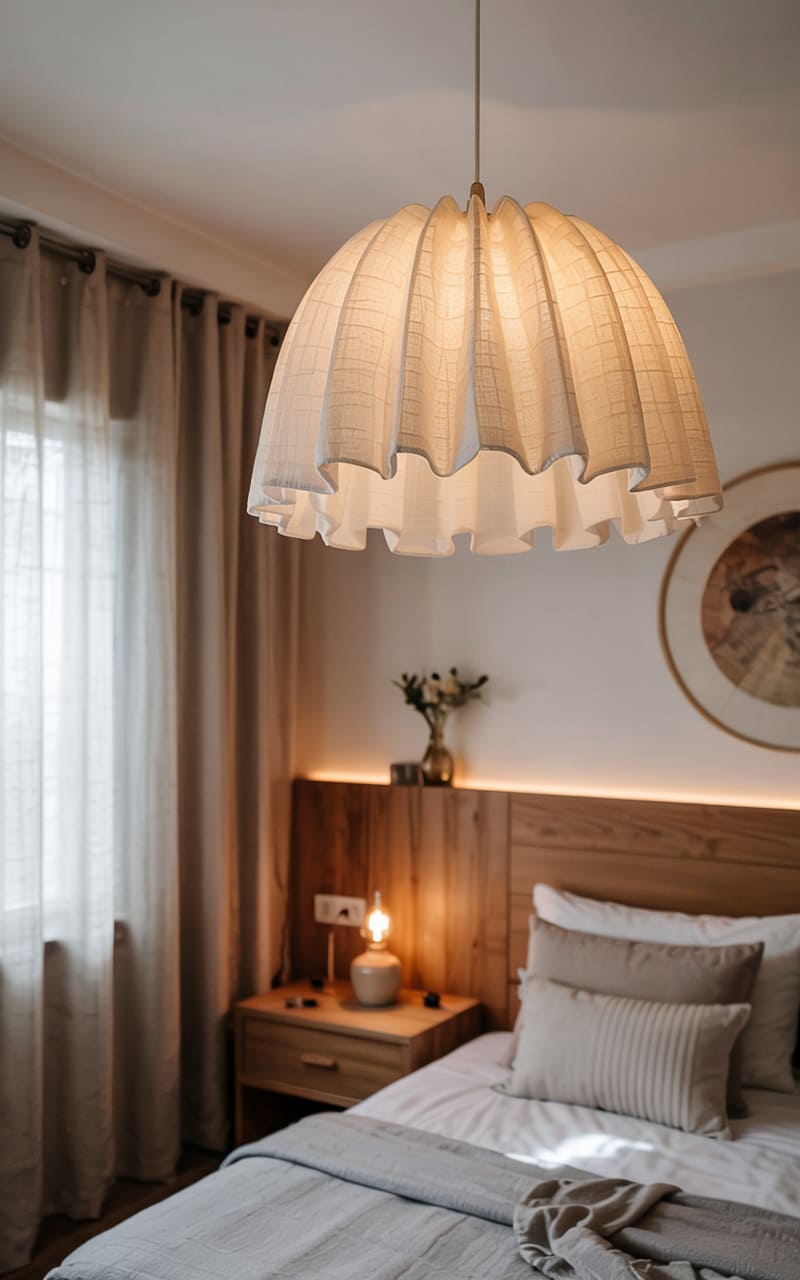 Bedroom with a Pleated Linen Pendant and Soft LED Strip Lighting