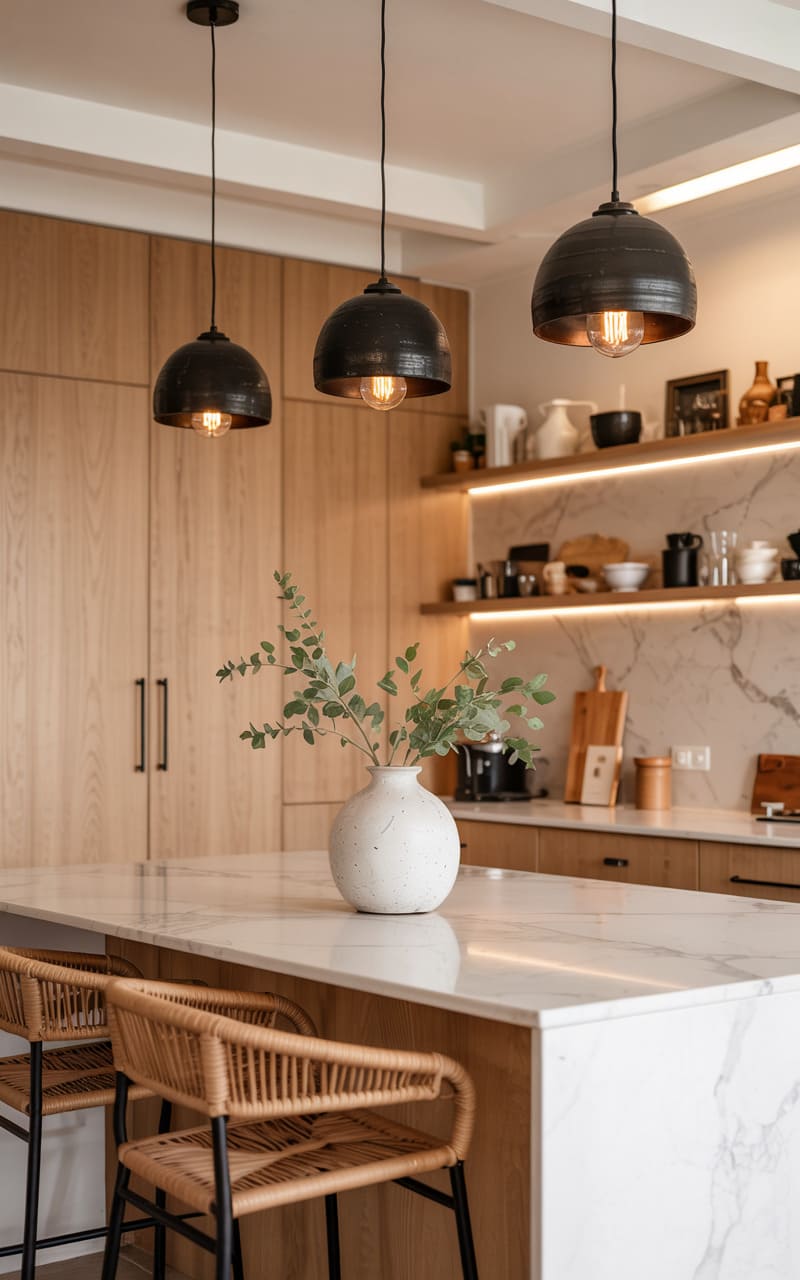 Kitchen with Industrial Black Metal Pendant Lights and Under-Cabinet LEDs