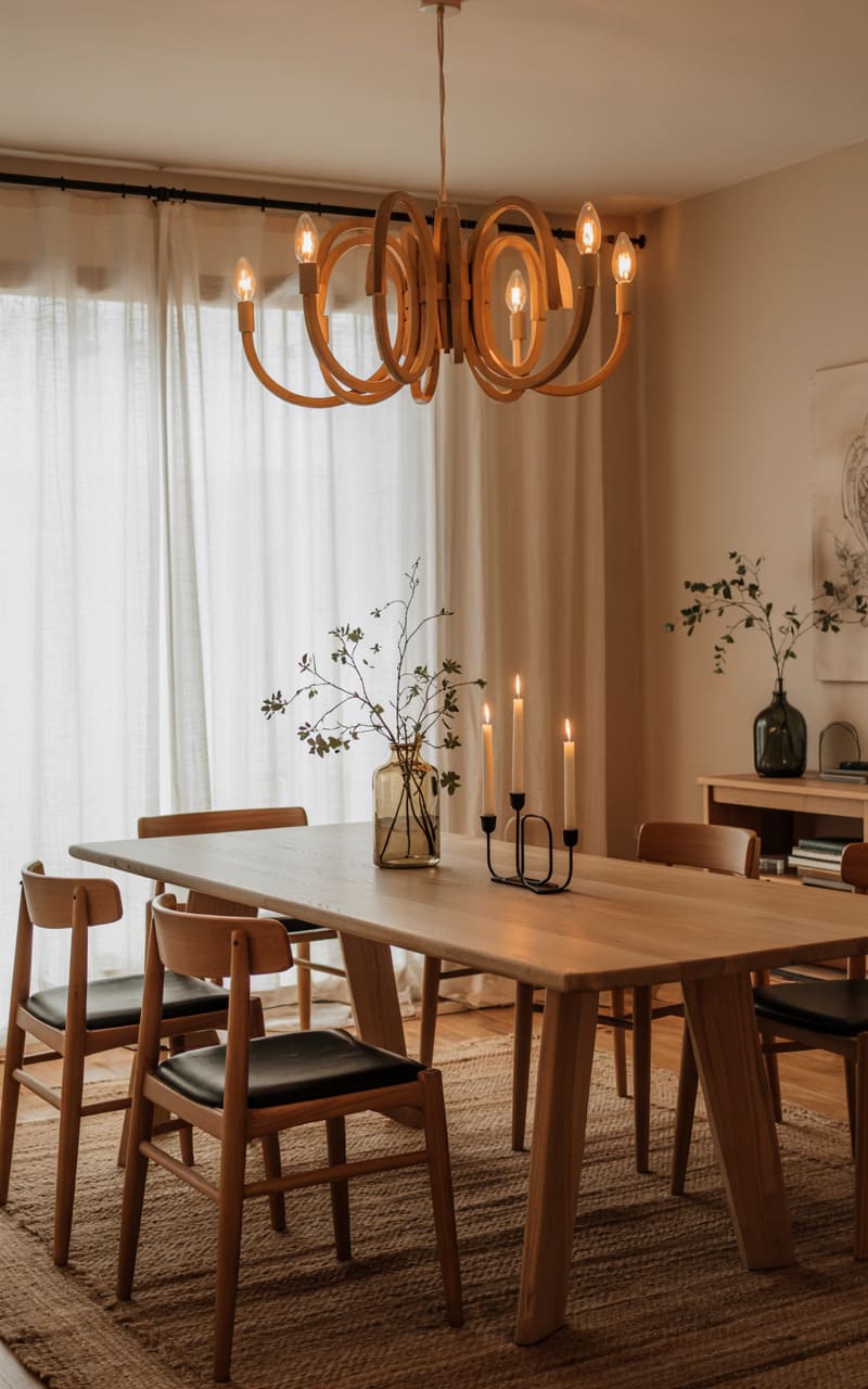 Dining Room with a Sculptural Wooden Chandelier and Tabletop Candle Holders