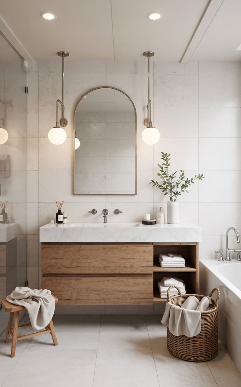 Bathroom with a Frosted Glass Globe Wall Sconce and Recessed Ceiling Lights