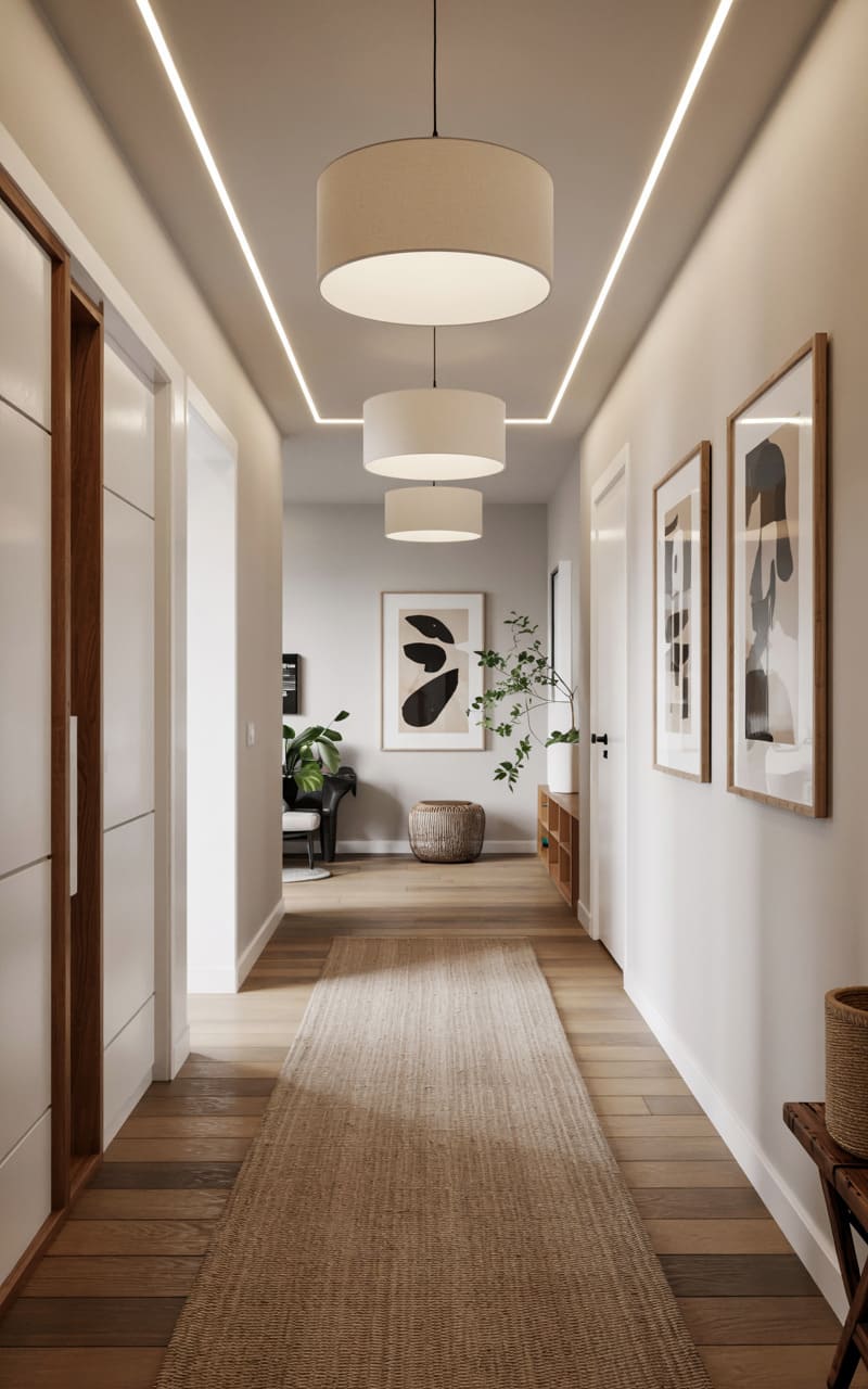 Hallway with a Row of Simple Pendant Lights and Floor-Level LED Strips