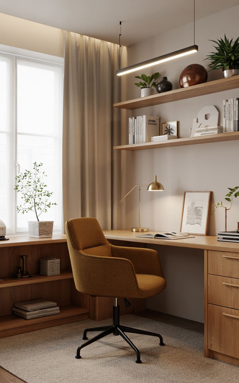 Home Office with a Matte Brass Desk Lamp and a Linear LED Pendant Light