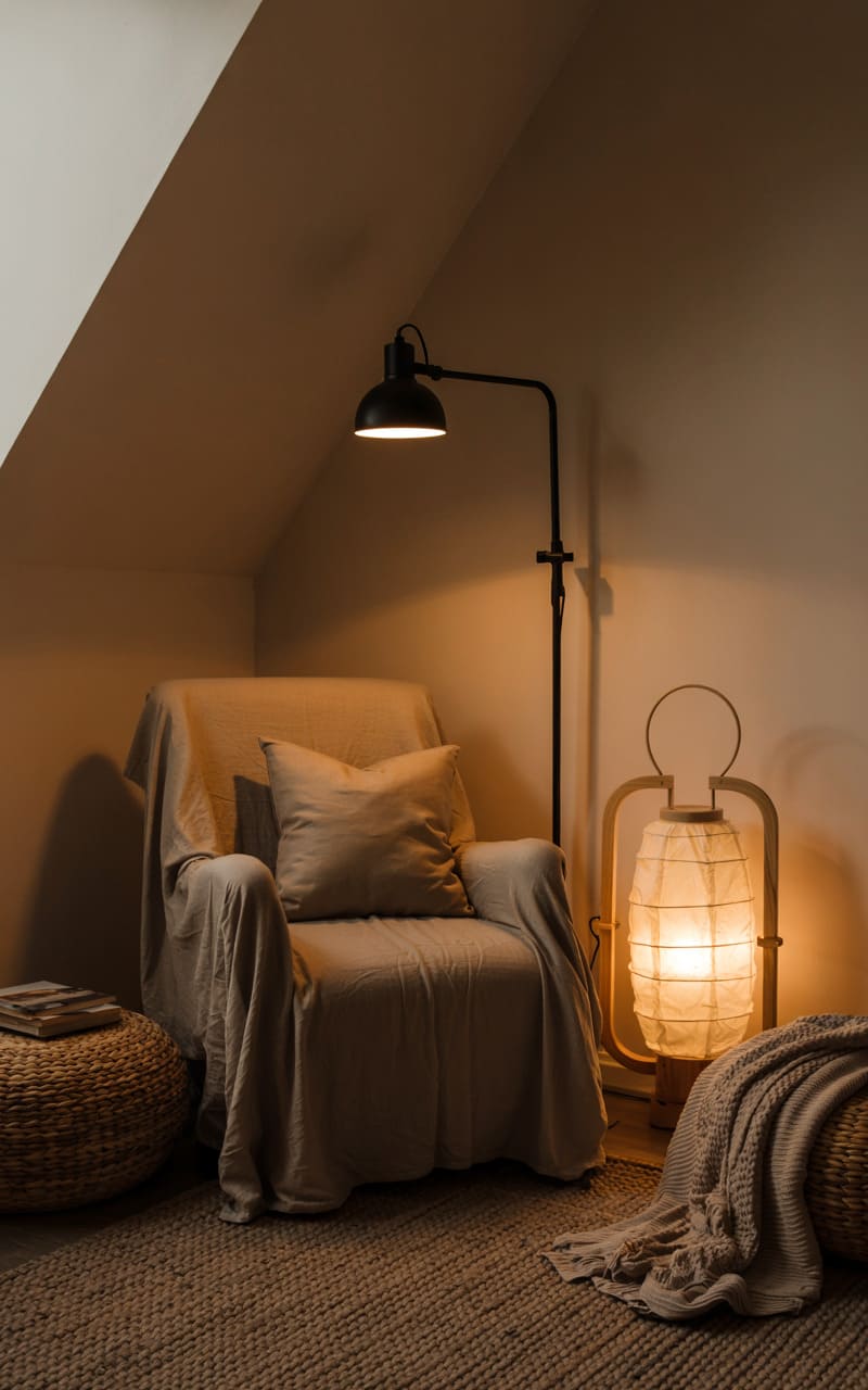 Reading Nook with a Swivel Wall Lamp and a Lantern-Style Floor Lamp