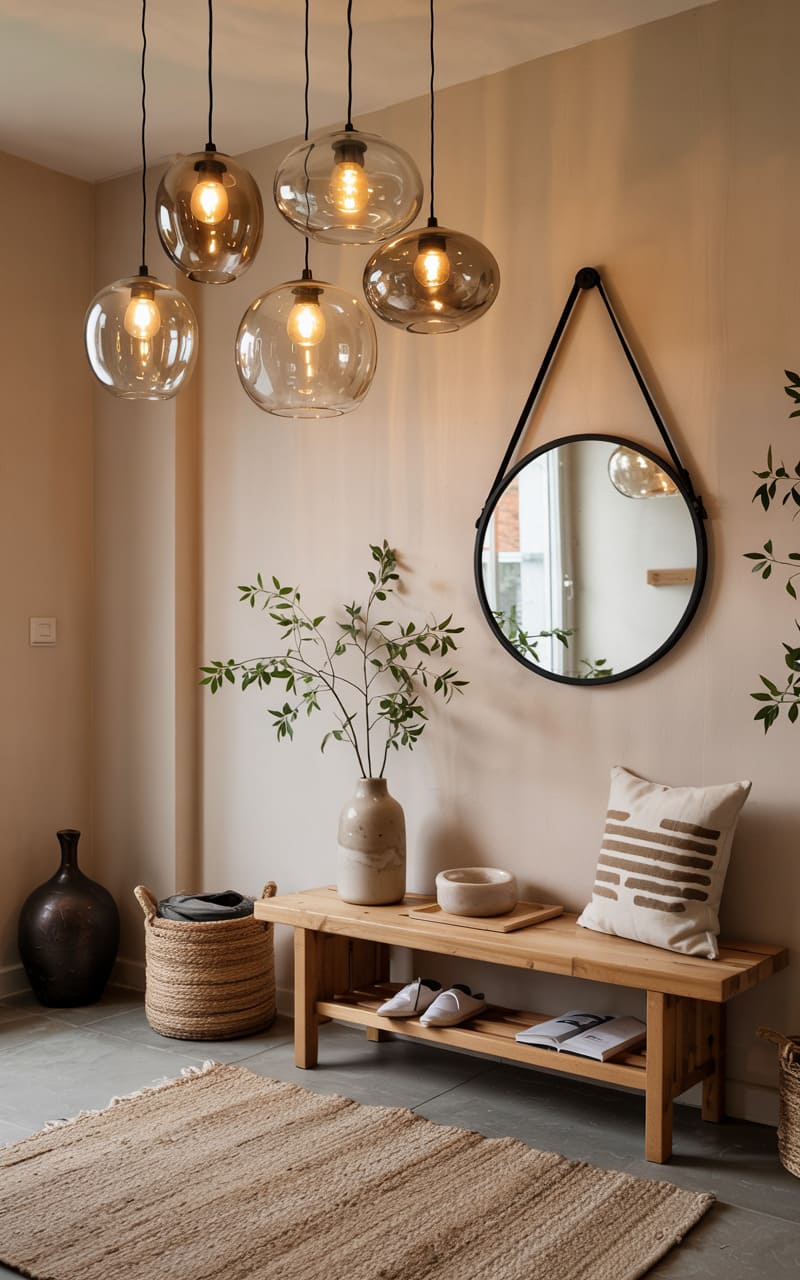 Entryway with a Cluster of Handblown Glass Pendant Lights