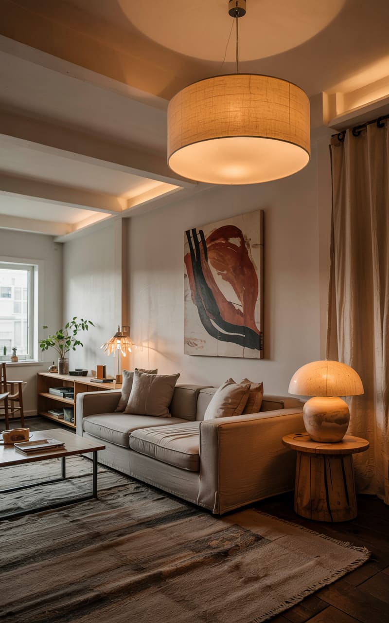 Loft with an Oversized Drum Shade Pendant and Hidden Cove Lighting