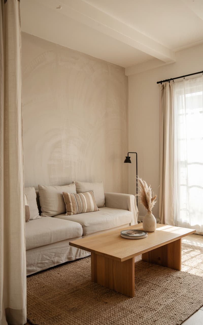 Living Room with Soft Matte White Walls and a Textured Limewash Feature Wall