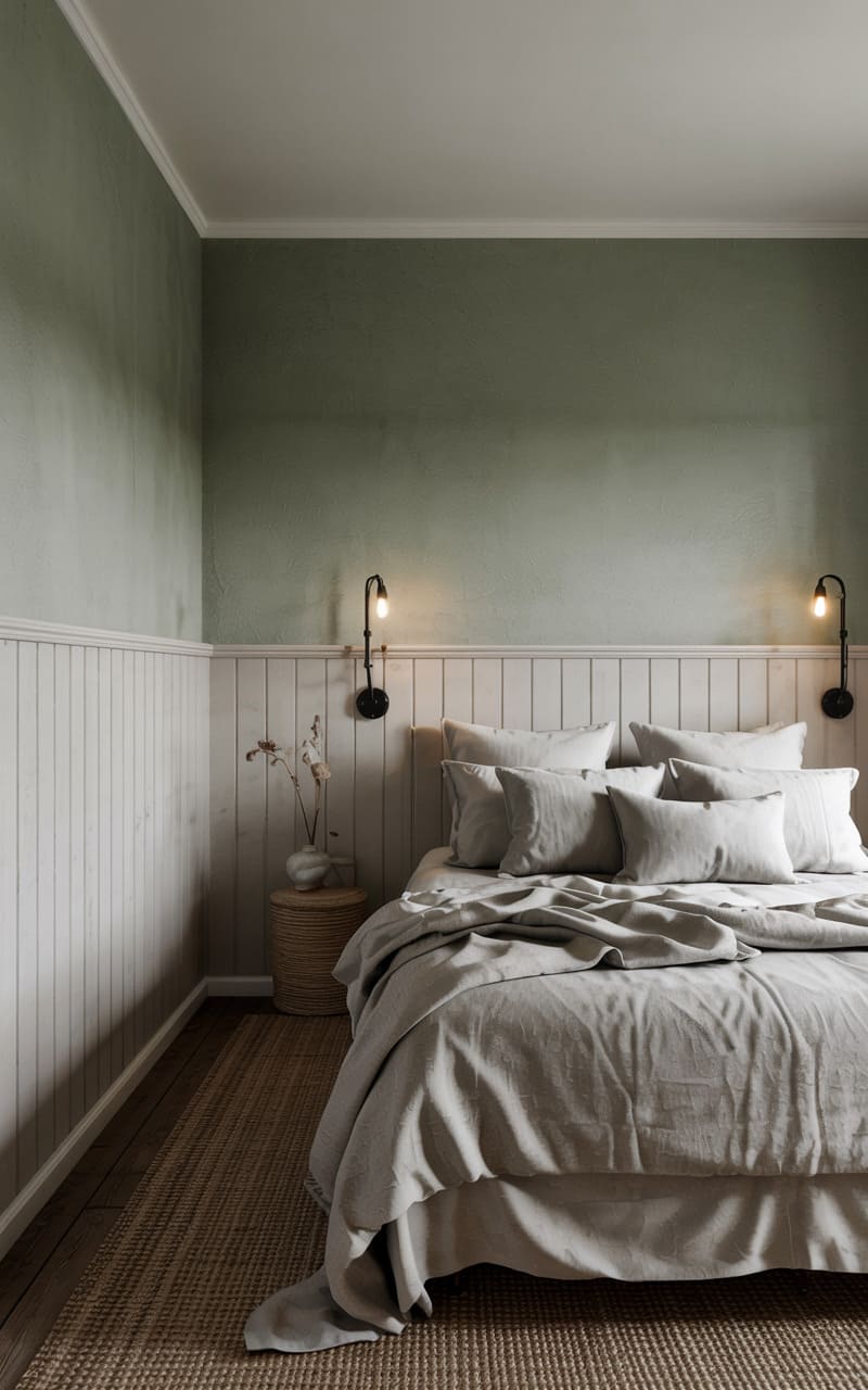 Bedroom with Muted Sage Green Walls and Vertical Wooden Paneling