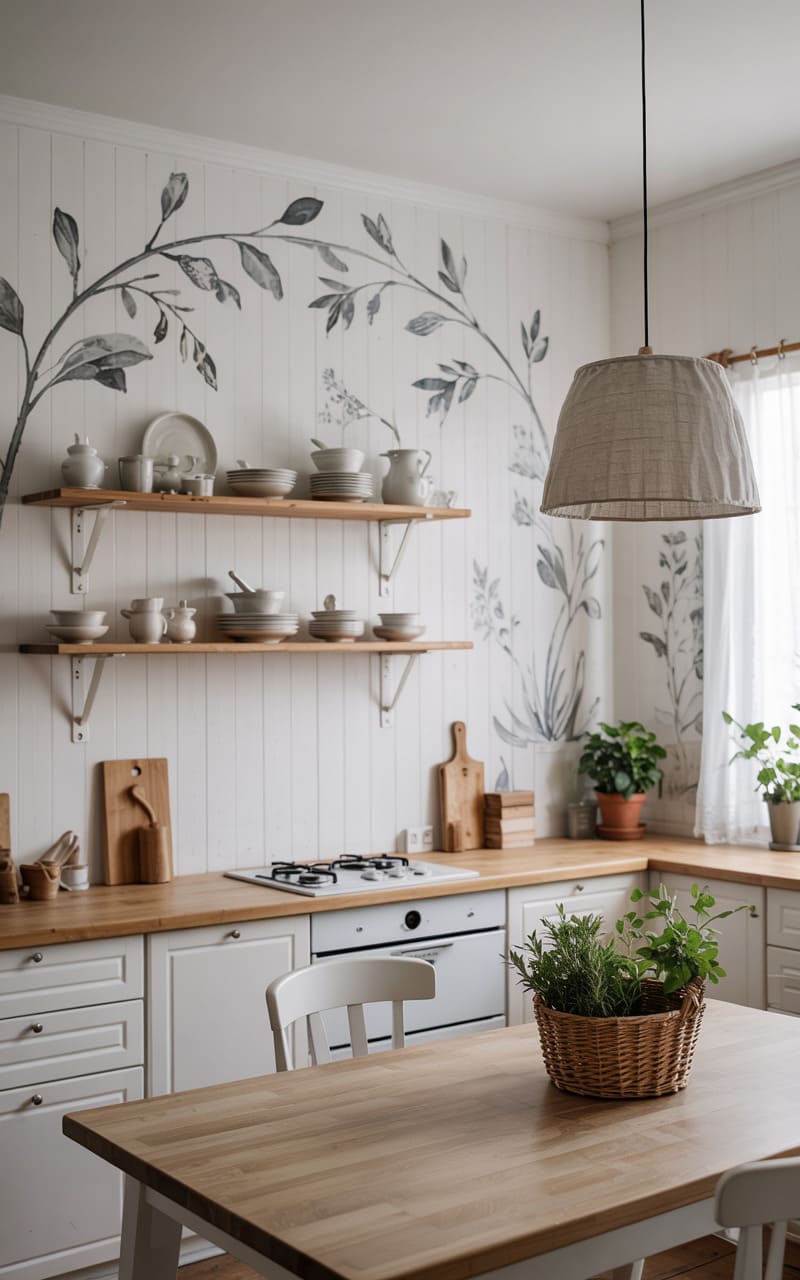 Kitchen with White Shiplap Walls and a Hand-Painted Botanical Mural