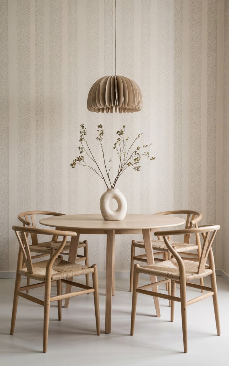Dining Room with Subtle Herringbone-Patterned Wallpaper in Neutral Tones