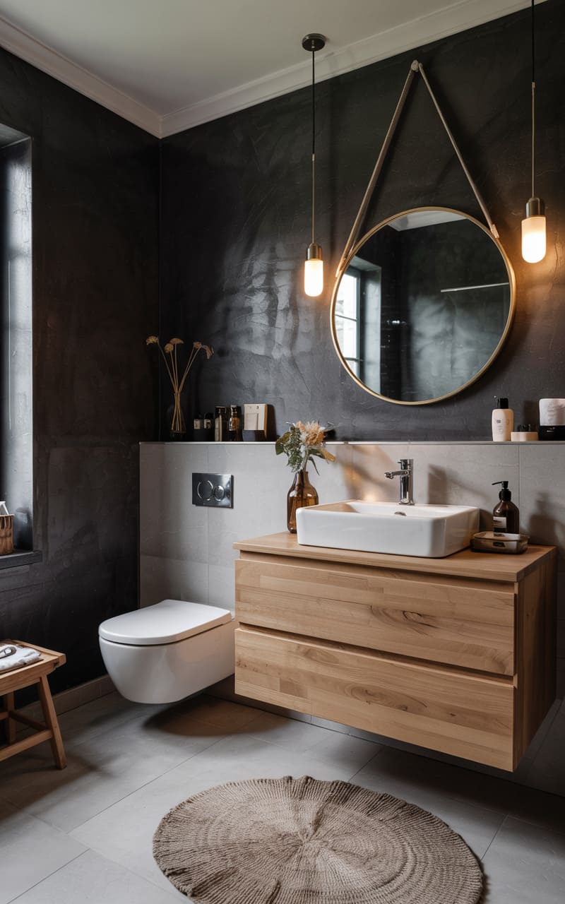 Bathroom with Charcoal Gray Walls and Light Wood Accents