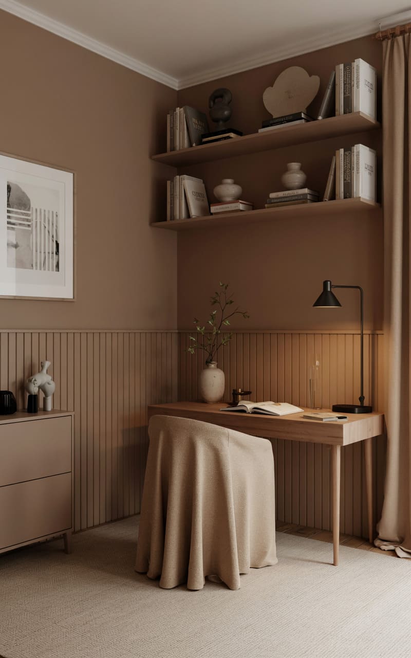 Home Office with Warm Taupe Walls and a Vertical Wainscoting Detail