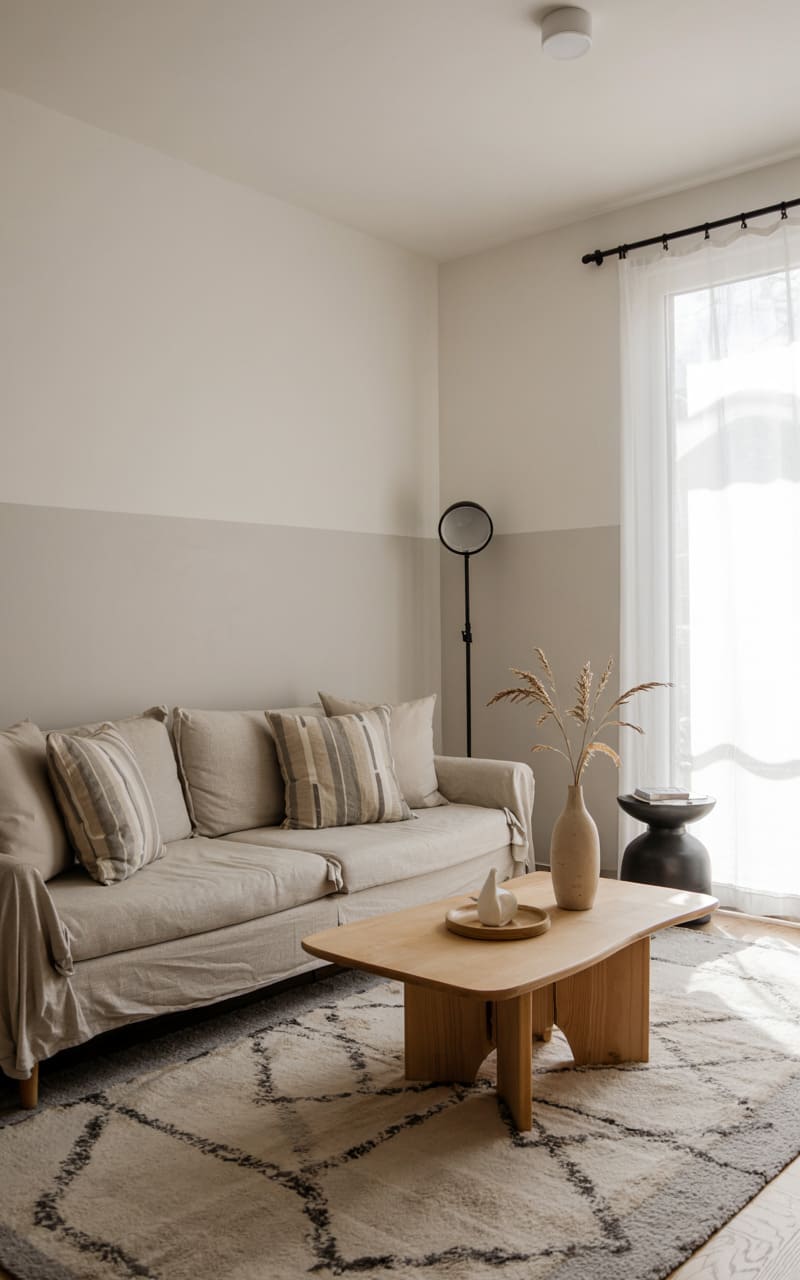Living Room with a Two-Tone Wall Treatment in Soft Gray and Warm White