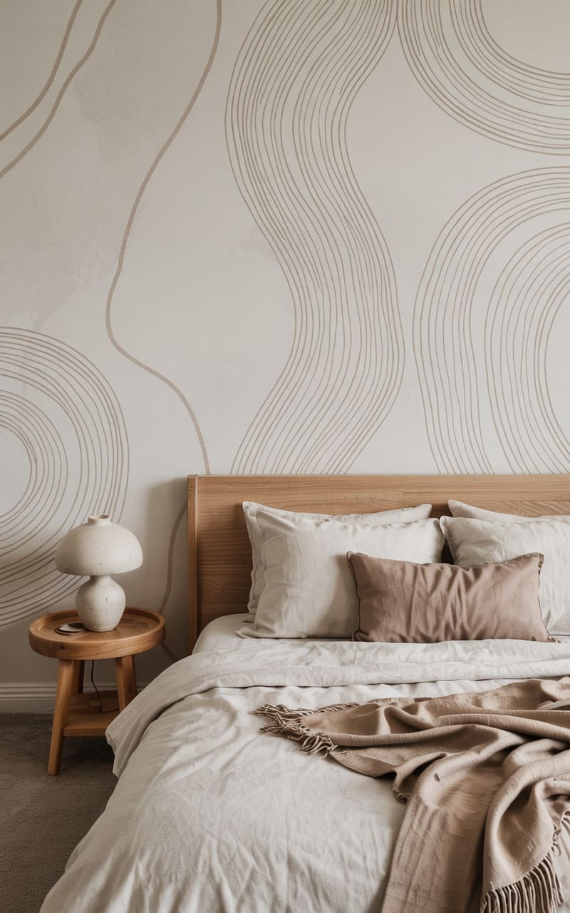 Bedroom with Abstract Line-Art Wallpaper in Neutral Beige Tones