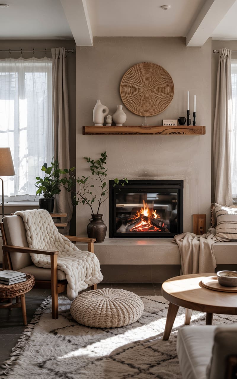 Living Room with a Cozy Fireplace and Layered Textures