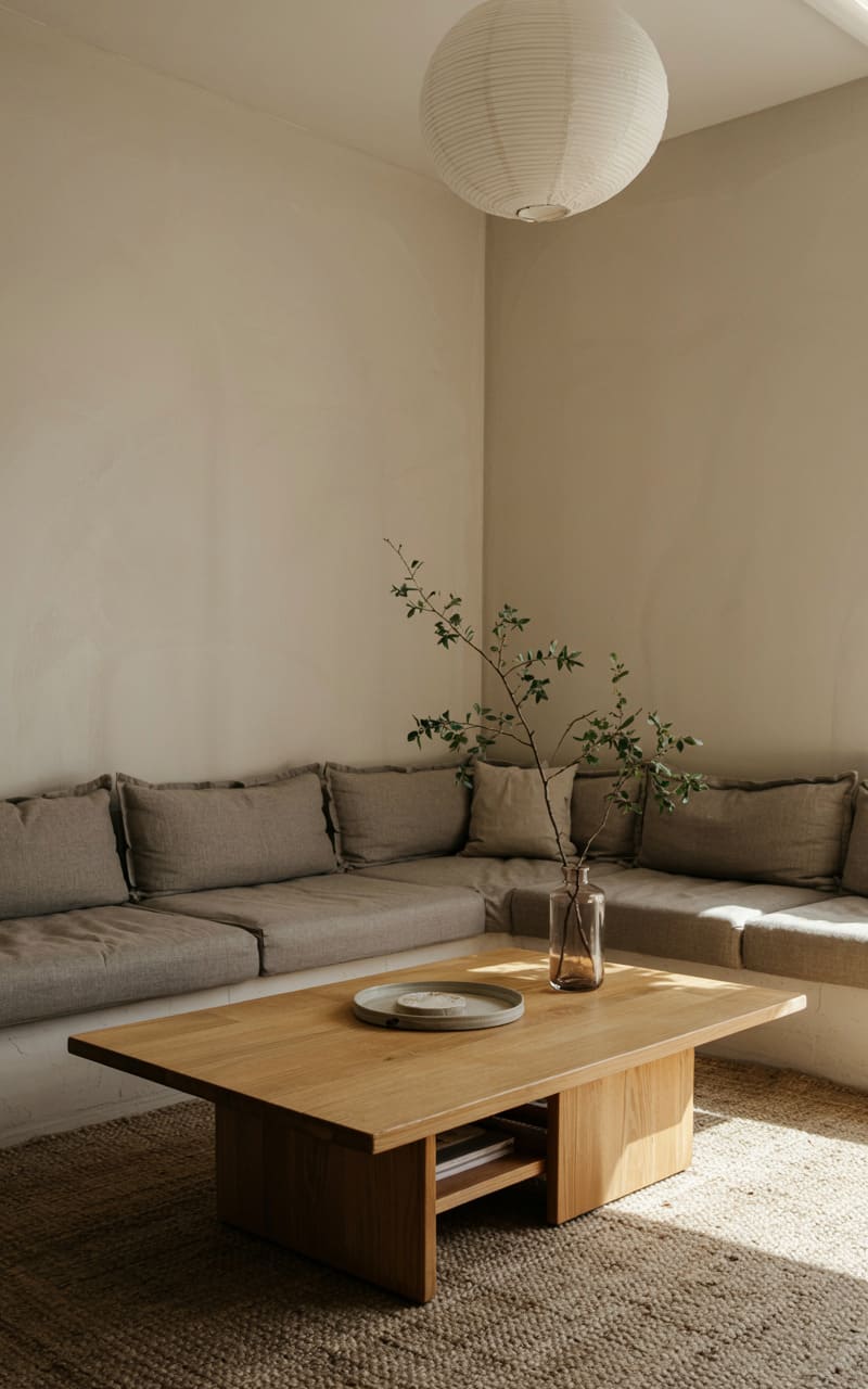 Living Room with a Japandi Aesthetic and Low-Profile Furniture