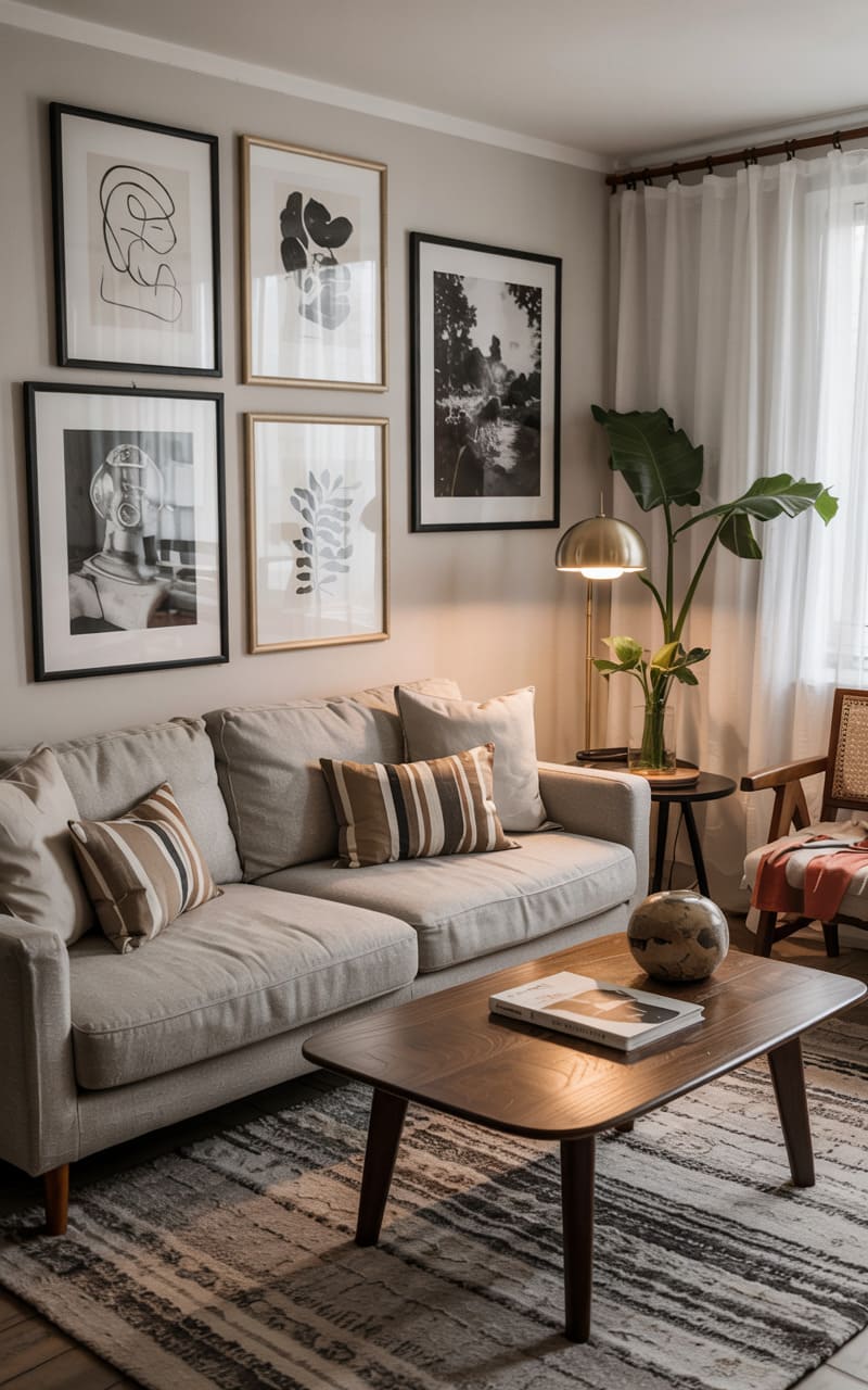Living Room with a Gallery Wall and Mid-Century Modern Accents