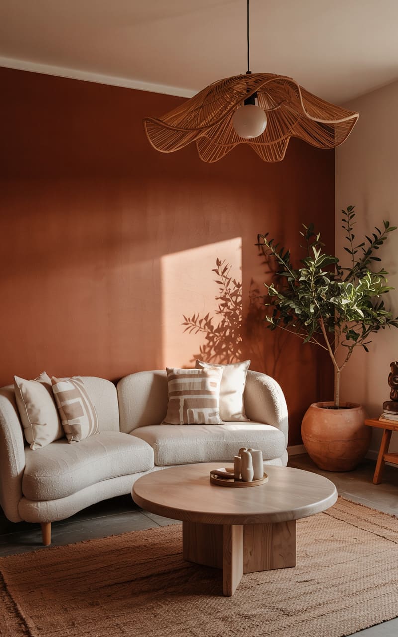 Living Room with Earthy Tones and a Statement Pendant Light
