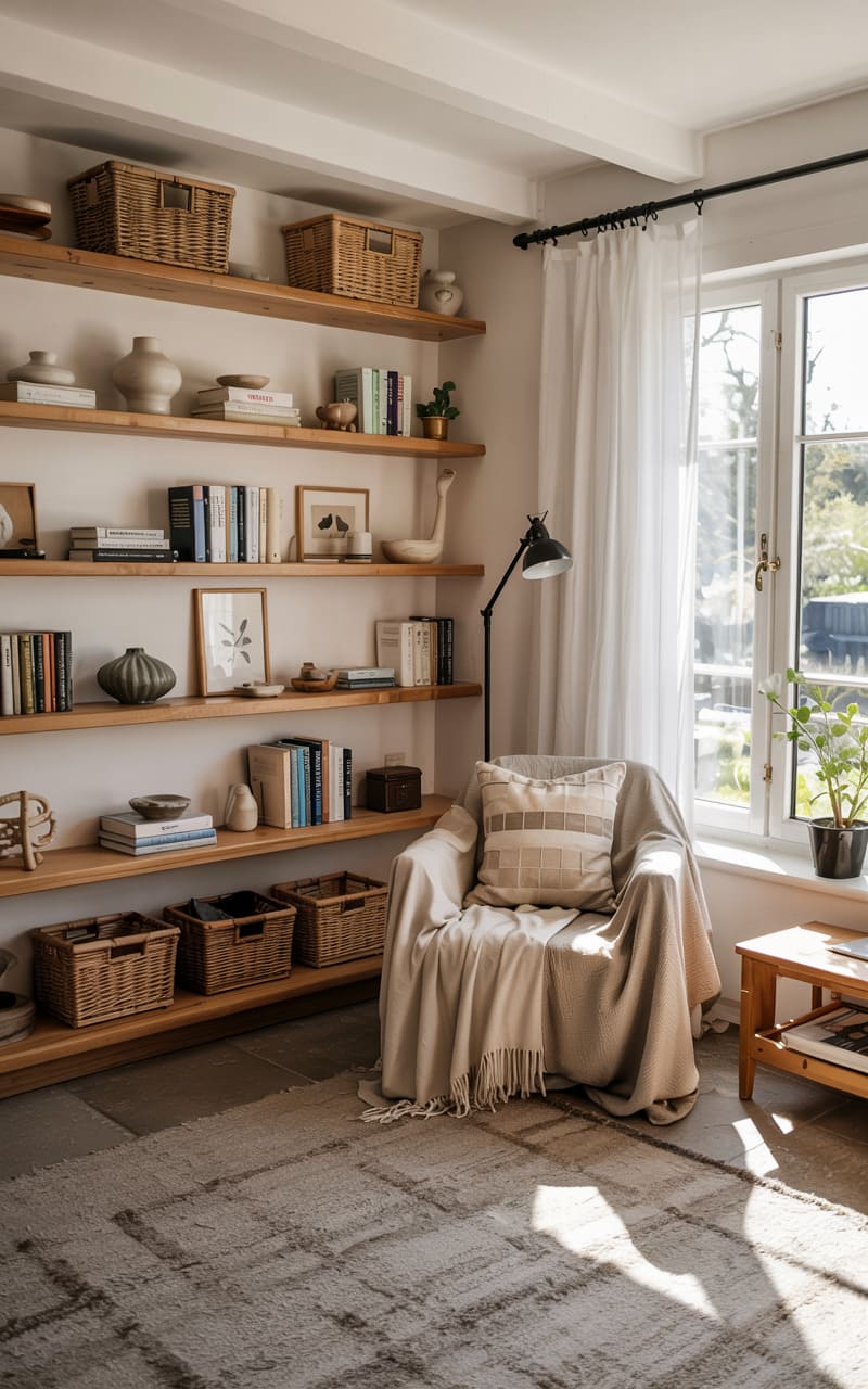 Living Room with Built-In Wooden Shelving and Cozy Reading Nook