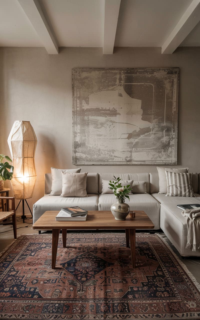 Living Room with a Vintage Rug and Modern Minimalist Furniture