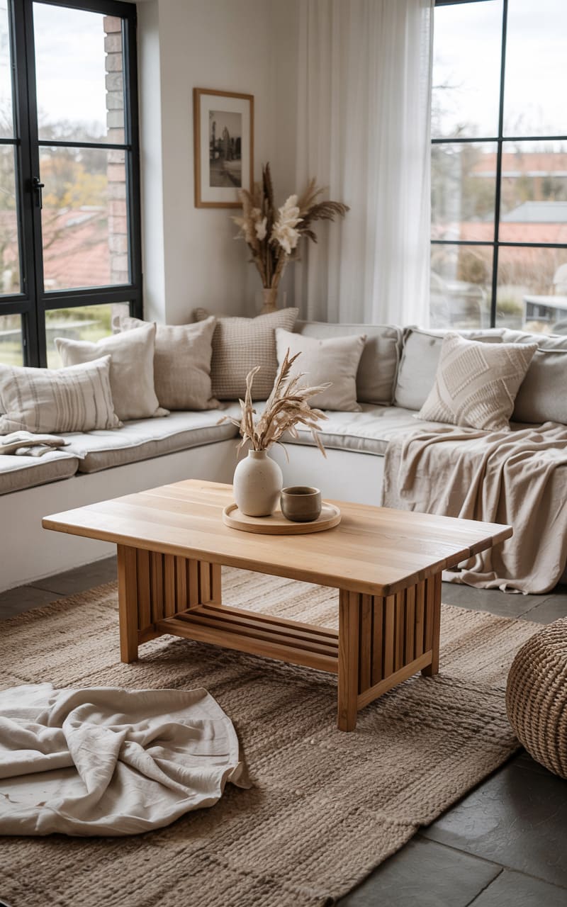 Living Room with a Cozy Window Seat and Layered Textiles