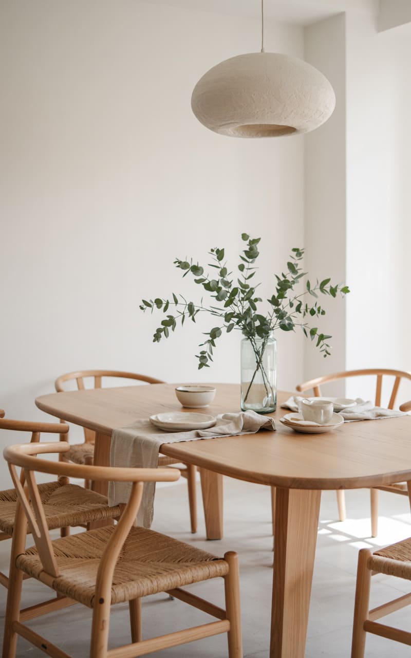 Dining Room with a Solid Oak Table and Woven Wishbone Chairs