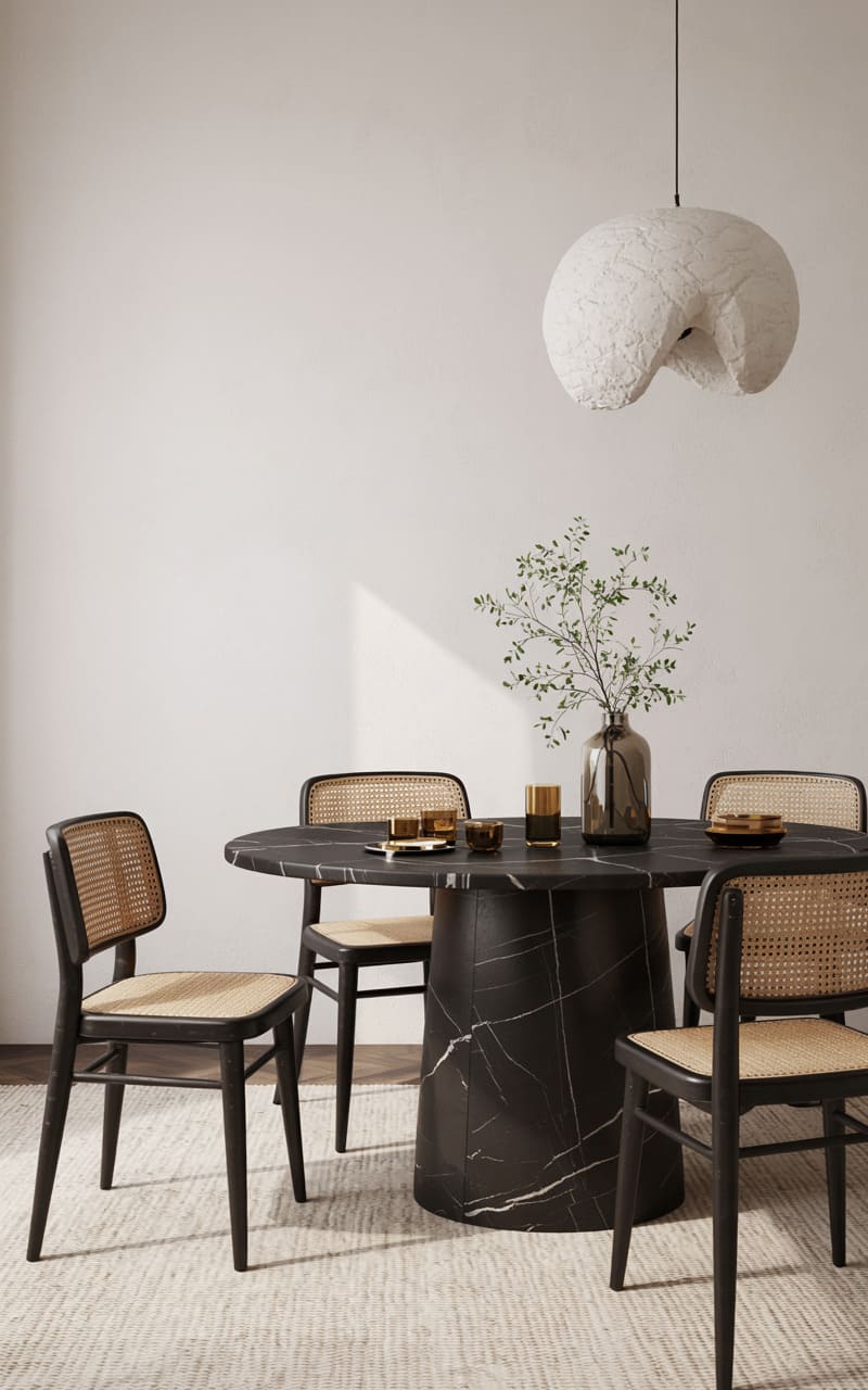 Dining Room with a Statement Black Marble Table and Cane-Back Chairs
