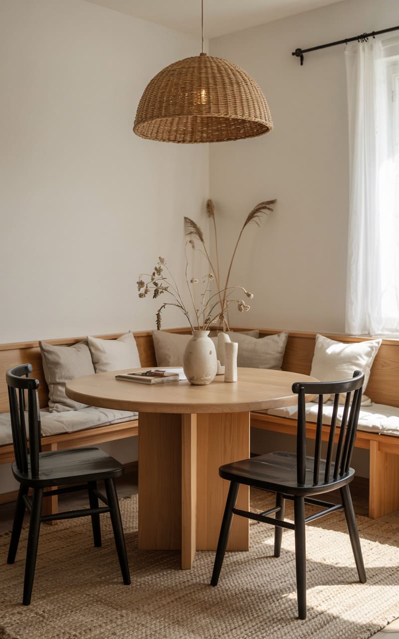 Dining Room with a Built-In Banquette and Cozy Textile Accents