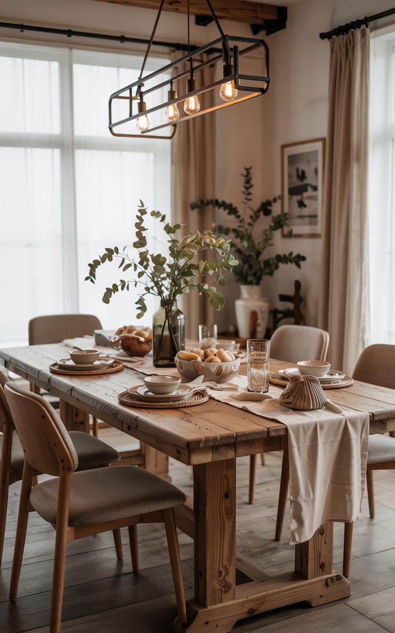 Dining Room with a Rustic Reclaimed Wood Table and Warm Neutrals
