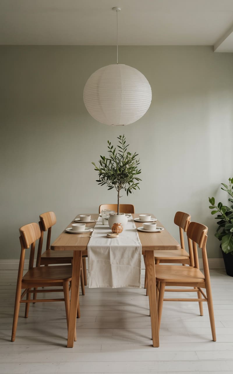Dining Room with a Soft Sage Green Accent Wall and Light Oak Furniture
