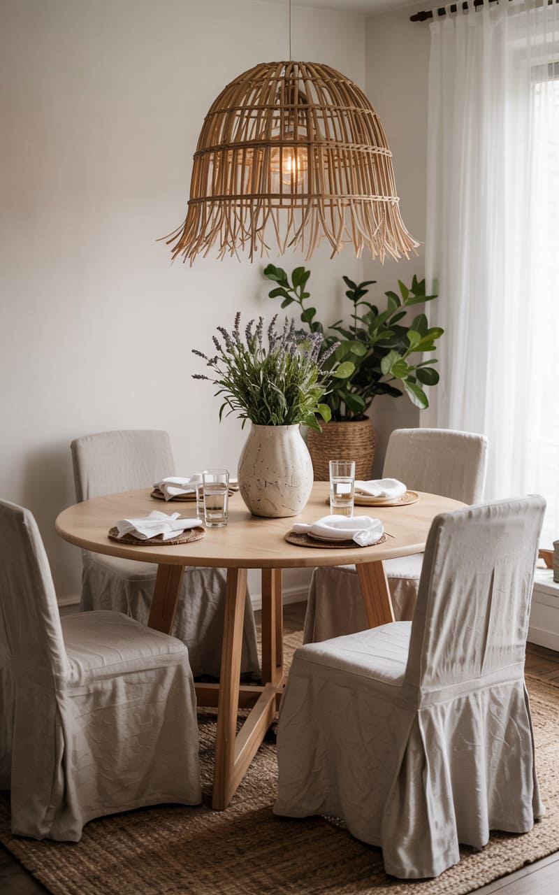 Dining Room with a Round Table and Oversized Pendant Light