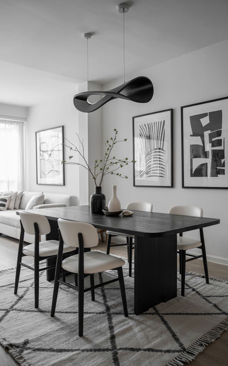 Dining Room with a Monochrome Palette and Geometric Elements