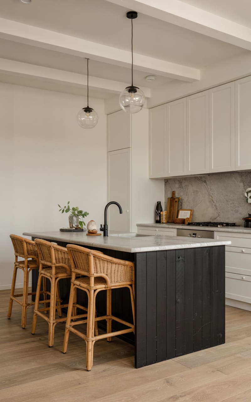 Kitchen with a Matte Black Island and Contrasting White Cabinetry